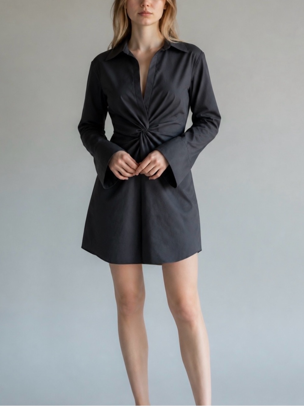 Cinq à Sept McKenna Front Twist Long Sleeve Mini Shirtdress Size 4 Black